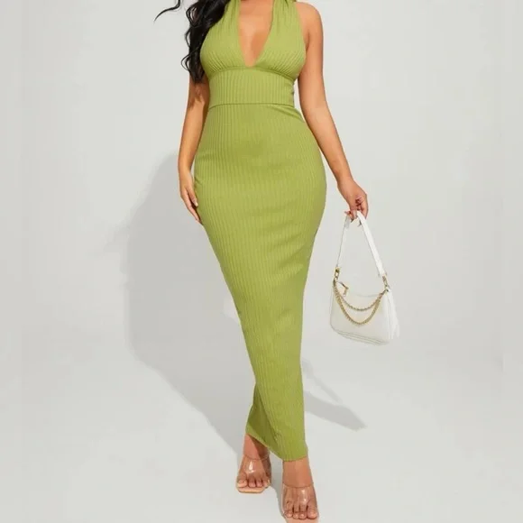 Shein Dresses | Shein Plunging Neck Open Back Bodycon Halter Dress | Color: Green | Size: M | Marine_Yudith's Closet Shein Dresses | Shein Plunging Neck Open Back Bodycon Halter Dress | Color: Green | Size: M | Marine_Yudith's Closet